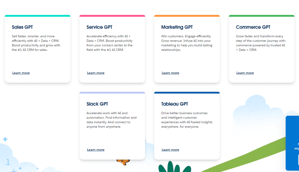 Salesforce AI Cloud Products as shown on Salesforce’s website, listing Sales GPT, Service GPT, Marketing GPT, Commerce GPT, Slack GPT and Tableau GPT